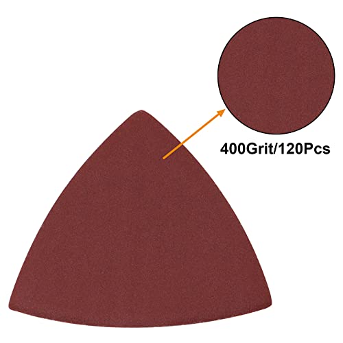 120 Pcs Triangle Sanding Pads, 400 Grits Detail Sander Sandpaper Hook and Loop Sanding Sheet,3-1/8"(80mm) Triangular Sandpaper for 3-1/8" Oscillating Multi Tool, No Holes - size: 400 Grit, style: No Hole