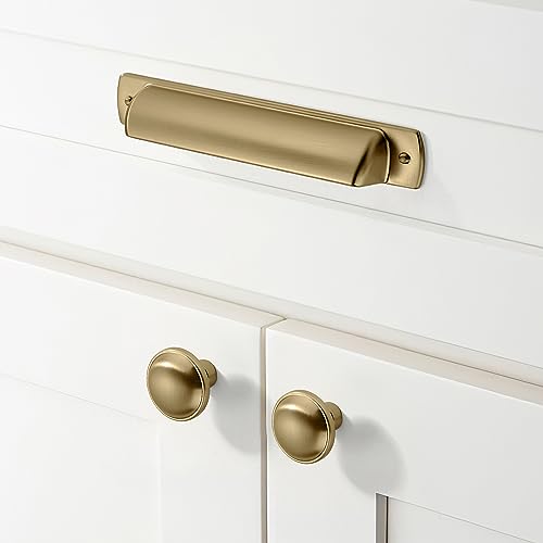 khtumeware 10 Pack 3-3/4" Drawer Pulls Brushed Brass Cabinet Cup Pulls Kitchen Hardware Brushed Gold Cabinet Handles Drawer Handles Knobs 3-3/4 inch Hole Center - color: Brushed Brass, size: Cup Pulls 3-3/4" Hole Center