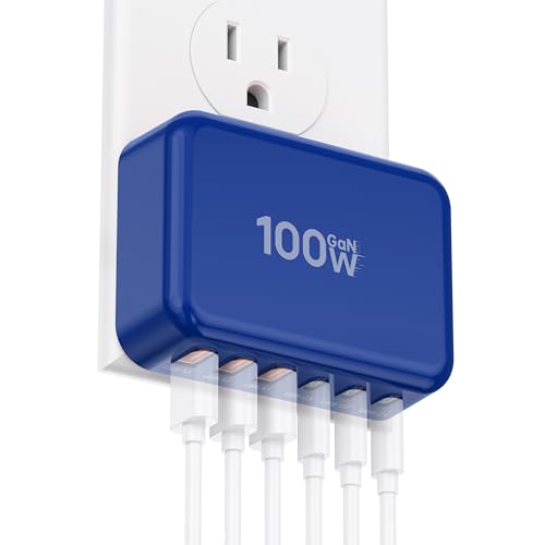 USB C Wall Charger, 100W 6 Port USB C Charging Station Hub Cube Wall Outlet - color: Dark Blue
