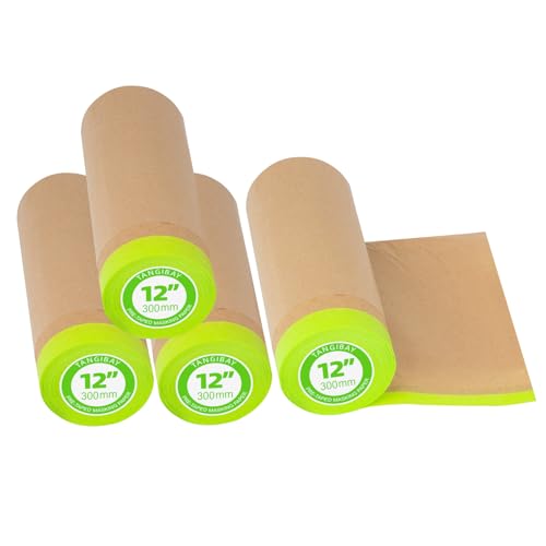 Tangibay Pre-Taped Masking Paper for Painting - 12 inch x 50 feet Tape and Drape Painters Paper, Paint Adhesive Protective Paper Roll for Covering Skirting, Frames, Cars and Auto Body (4 Rolls) - size: 4 Rolls: 12"