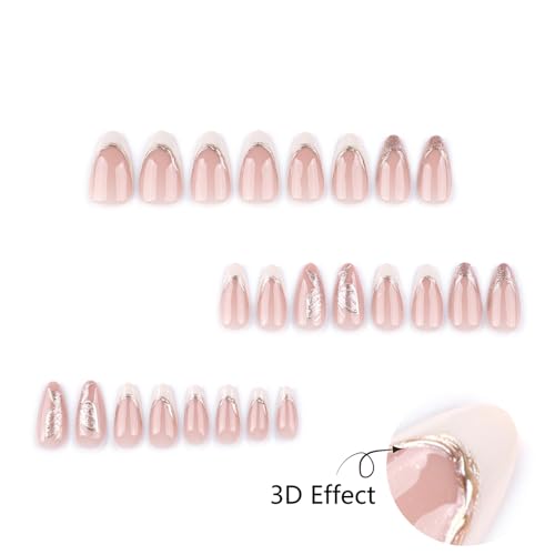 Mivota Medium Press On Nails Almond – Nude & White French Tips with Gold Foil and Glitter Accents, 24PCS Acrylic Fake Nails Kit with Glue and Tools, Elegant Glossy Stick On Nails for Women - color: 52-White Tip Gold Thread Butterfly