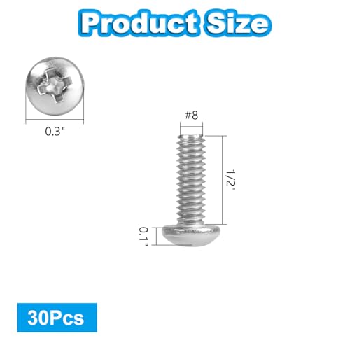 30 Pcs #8-32 x 1/2" Pan Head Machine Screws 304 Stainless Steel - size: #8-32 x 1/2"