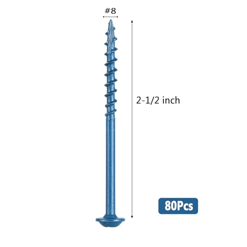 VGBUY Pocket Hole Screws 2 1/2 Inch, 80Pcs Pocket Screws #8 x 2-1/2", Blue Coated Wood Screws for Exterior, Coarse Thread Square Drive, Self-Tapping Tip - size: #8 x 2-1/2 inch
