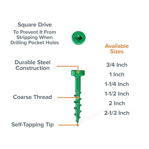 BORA Pocket Hole Screws 1 Inch Coarse Thread 100 Pack - size: 1 inch (100 Piece), style: Coarse Thread