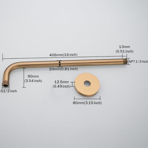 RANDOM 16 Inch Shower Arm with Flange,Stainless Steel 90 Degree Rain Shower Head Extension Arm,Wall-Mounted Shower Head Arm for Fixed Shower Head,Champagne Bronze.RD91018-16CB - color: 16″Champagne Bronze(Round Flange)
