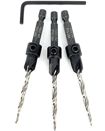 FTG USA #8 (11/64") Wood Countersink Drill Bit 3-Pc Set with Hex Key - size: #8, style: 3 Pc w/o Depth Stop