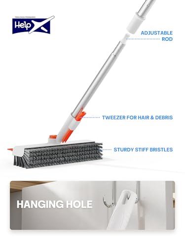 Floor Scrub Brush with Long Handle, 3 in 1 Deck Brush with Squeegee - color: Orange and White