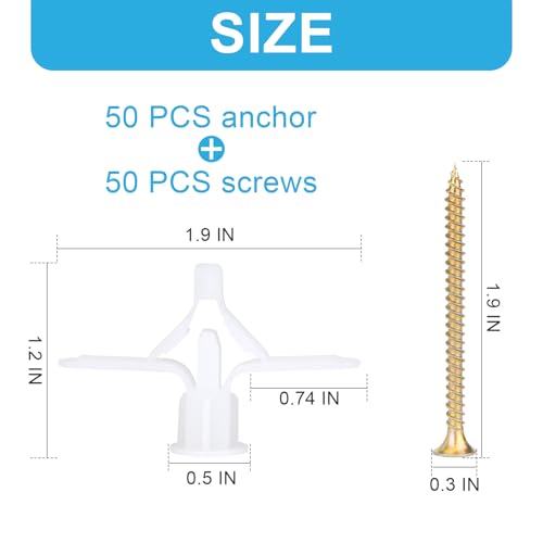 100 pcs Drywall Anchors, Hollow-Wall Anchors with Screws - color: White-50pcs