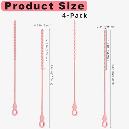 Silicone Straw Cleaner Brush, 4Pcs Reusable Straw Brush Set with Extra-Long Design for Cleaning Thin Metal Straws and Wider Milkshake Straws （6mm+9mm Pink) - color: Pink