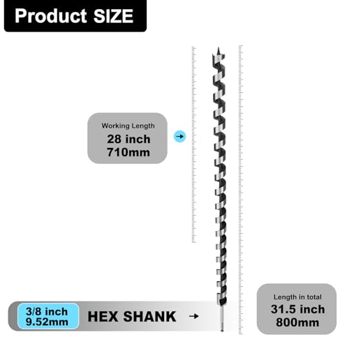 1-1/2" X 31.5" Auger Bit for Wood, 38x800mm Extra Long Auger Drill bit | 3/8" Hex Shank,for Hard Wood,Ship, Composite Materials, Drywall and DIY Projects - size: 1-1/2" (38mm)diameter, style: 31.5 inch / 800mm Length