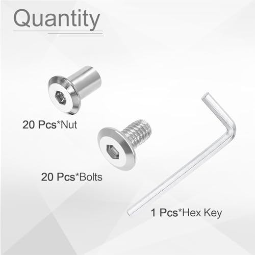 HARFINGTON 20 Set M6x10mm Hex Drive Socket Cap Bolt and M6x12mm Nut with M4 Hex Wrench, Furniture Connector Bolts and Screws for Furniture Countersunk Belt, Silver - size: M6x10mm, M6x12mm