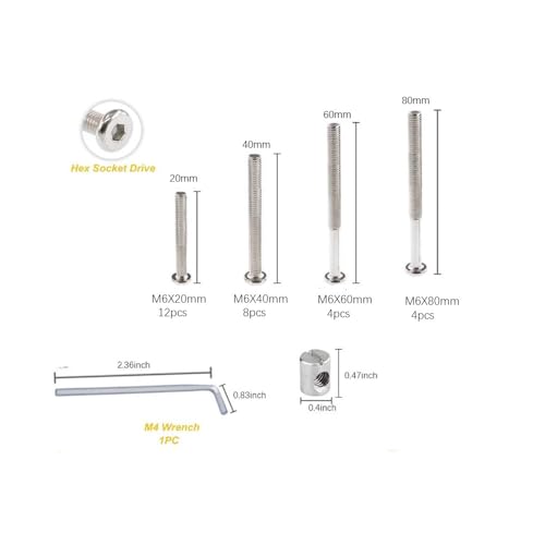 Crib Screws Hardware Replacement Kit- Baby Bed Frame Bolts &Barrel Nuts Set for Delta/Graco/Dream,M6x20mm/40mm/60mm/80mm Hex Drive Socket Cap Screws Barrel Nuts. (Silver-28set) - size: 28set