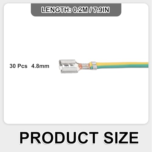 MECCANIXITY 30Pcs 4.8mm Female Spade Crimp Terminal with 20cm Wires - color: Yellow/Green, size: 4.8mm, 20cm L