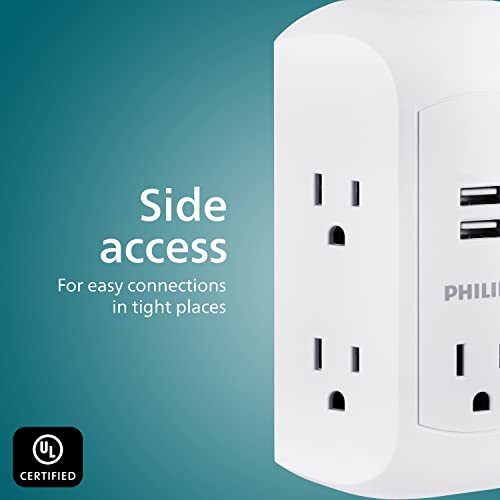 Philips 5-Outlet Extender, Grounded Wall Tap, 3-Prong, 2 USB-A, Surge Protector, Adapter Spaced Outlets, Side Access, 560 Joules, Quick and Easy Install, White, SPS5002WA/37 (Pack of 8) - size: 8 Pack, style: 5 Outlet | 2 USB-A | Surge