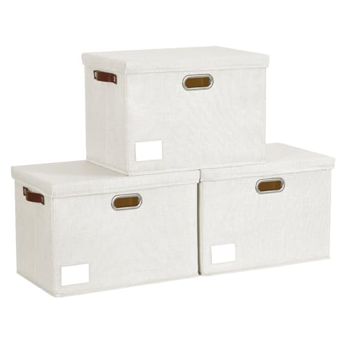 Roobyl 15" Fabric Storage Box with Lids, 3-Pack, White - color: White, size: Medium-15"