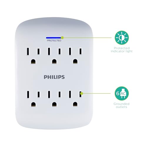 Philips 6-Outlet Extender Surge Protector, Wall Tap, 900 Joules, 3-Prong - size: 1 Pack