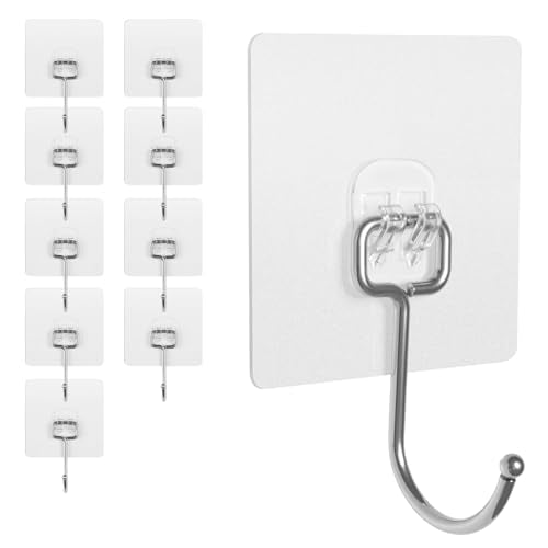 Adhesive Wall Hooks for Hanging - 60lb Heavy Duty Waterproof & Rustproof, Sticky Hooks for Walls No Damage, Kitchen/Bathroom/Rental (Ganchos para Pared) 10-Pack - color: transparency