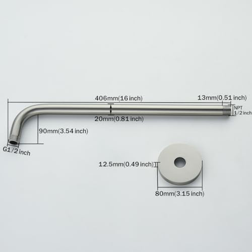 RANDOM 16 Inch Shower Arm with Flange,Stainless Steel 90 Degree Rain Shower Head Extension Arm,Wall-Mounted Shower Head Arm for Fixed Shower Head,Brushed Nickel.RD91018-16BN - color: 16″ Brushed Nickel(Round Flange)