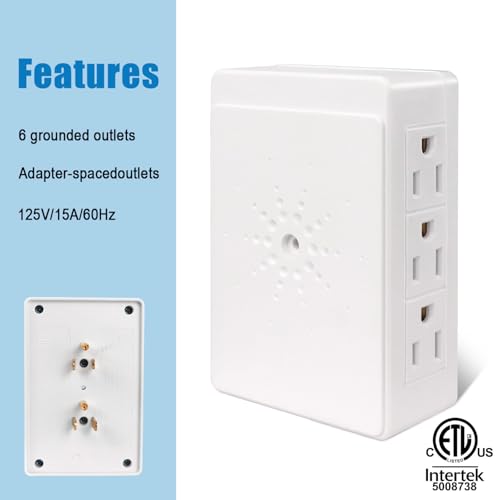 EXTRASTAR Plug in Outlet Extender,2 Pack 6 Grounded Outlet to The Side,Wall tap Side Access Adapter,Charging Station, 3-Prong,ETL Listed, White