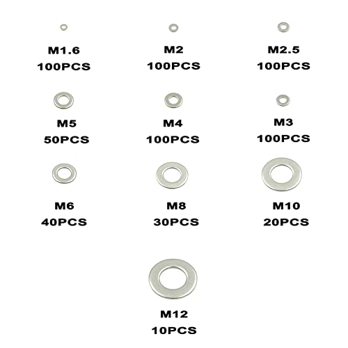 Metric M1.6 to M12 Flat Washers Assortment Kit,304 Stainless Steel,for M1.6 M2 M2.5 M3 M4 M5 M6 M8 M10 M12 Screws/Bolts