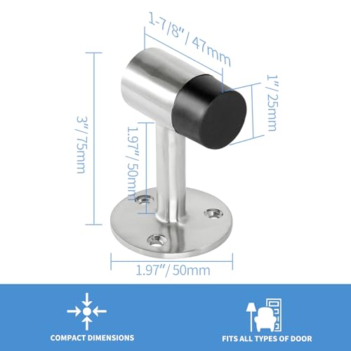Floor Mount Door Stopper, Heavy Duty Door Stop Brushed Nickel Doorstop with Rubber Bumper & Stainless Steel Screws, 3 Inch Height