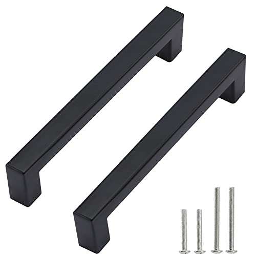 Cabinet Pulls Matte Black Cabinet Handles Square Drawer Pulls, 5 Pack 5 Inch Stainless Steel Kitchen Door Cupboard Cabinet Handles, Drawer Hardware Handles, 128mm Hole Centers - size: 5 inch Hole Centers(128mm)