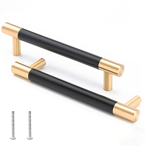 Linkaa10 Pack丨 5 Inch(128mm) Kitchen Cabinet Handles Pulls Gold Drawer Pulls with Black Planting, Black Dresser Knobs for Kitchen Cabinet Cupboard Bedroom Bathroom（Solid Brass，5‘’ (128 mm) - size: 128 mm
