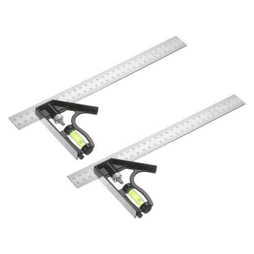 HARFINGTON 2Pcs Combination Square Ruler 12" / 300mm Metric Stainless Steel Carpenter Combo Square Metal Woodworking Measure Tool with Bubble Level for Metalworking and Carpentry, Silver