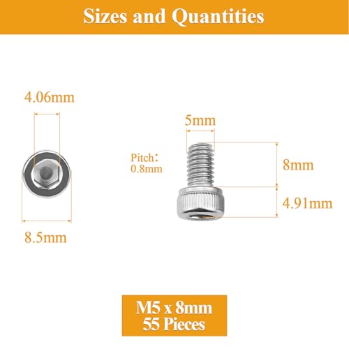 55 Pieces M5 x 8mm Socket Head Cap Screws, Thread Pitch 0.8mm, Sutemribor M5 Screws, 304 Stainless Steel, Fully Threaded, Silver - size: M5 x 8mm, style: Socket Head