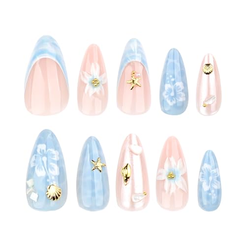 Spring Summer Blue 3D Star Flower Press On Nails, Medium Almond Shape, Ocean Shell French Tip Acrylic Fake Nails, Salon Quality Reusable Floral False Nails for Women Girls, Beach & Daily Wear - color: LF-3720, size: 24 Pieces (Pack of 1)
