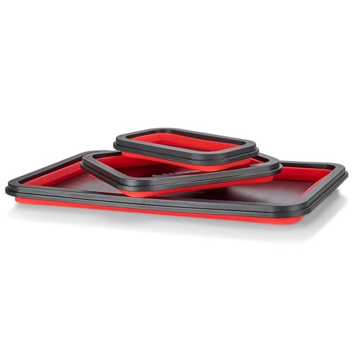 Collapsible Magnetic Parts Tray Set - 3 Different Size Tool Trays- Red - color: Red