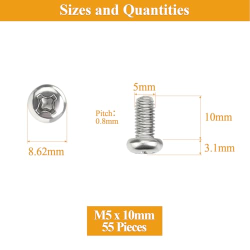 55 Pieces M5 x 10mm Machine Screws, Thread Pitch 0.8mm, Sutemribor M5 Phillips Pan Head Machine Screws, 304 Stainless Steel, Fully Threaded, Silver - size: M5 x 10mm, style: Phillips Pan Head