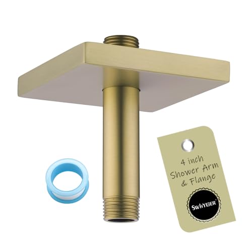 Shower Head Extension Arm Wall Mounted Tube Rainfall Shower Tube Replacement Pipe Parts Stainless Accessories Brushed Gold,SW-91038-4BG-SQ. - color: Right Angled Square Flange-4" Brushed Gold