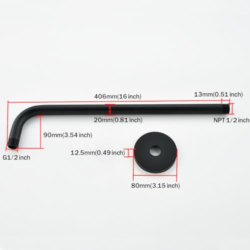 RANDOM 16 Inch Shower Arm with Flange,Stainless Steel 90 Degree Rain Shower Head Extension Arm,Wall-Mounted Shower Head Arm for Fixed Shower Head,Matte Black.RD91018-16MB - color: 16″ Matte Black(Round Flange)