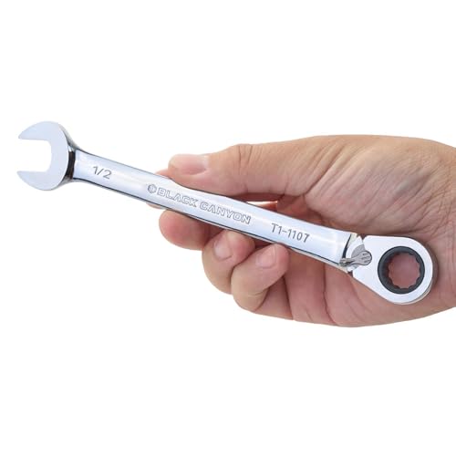 BLACK CANYON 1/2 Inch Ratchet Combination Wrench, 12-Point Box End & Hex Opening, Polished Steel Ratcheting Wrench with SAE & Metric Sizes - size: 1/2 Inch, style: Inch
