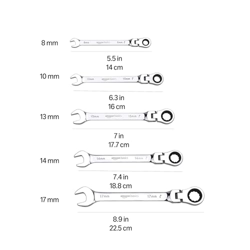 Amazon Basics 72-Tooth Ratcheting Combination Wrench Set, Chrome Vanadium Steel Flex Head, 5-Piece Metric, 180° Flexible - style: Metric