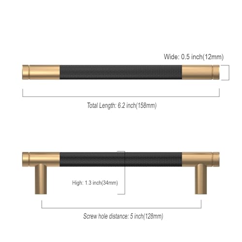 Asidrama 6 Pack 5 Inch(128mm) Matte Black and Champagne Bronze Cabinet Pulls Knurled Cabinet Handles Cupboard Handles Kitchen Cabinet Hardware for Cupboard Drawer Pulls - color: Black-Champagne Bronze, size: 5" Hole Center, style: 6 Pack