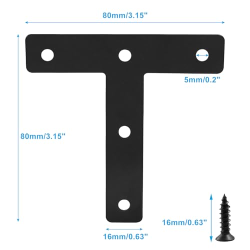 Bonsicoky 12 Pack T Shape Flat Bracket, 3.15" x 3.15", Black - size: 3.15 x 3.15 Inch, style: T Shape-12 Pcs
