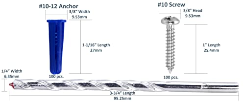 CONFAST® #10-12 Plastic Conical Blue Bantam Drywall Wall Anchor Kit PAK1012, Includes (100) Anchors, (100) Screws and (1) Drill bit (201 Pieces) - size: #10 #12