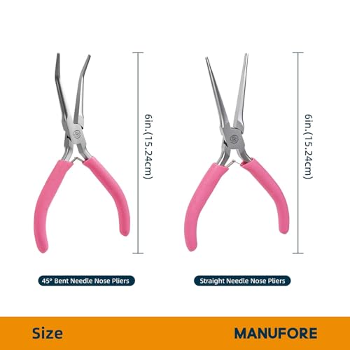 MANUFORE 2-Piece 6 Inch Pink Mini Needle Nose Pliers, Straight and 45° Bent - color: Pink