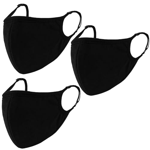 Black Dust Face Mask - All Cotton - Reusable Cloth Comfy Fabric Mask | for Adults Women Outdoor Sport Travel, Washable Breathable Half Face Cloth Mouth Masks with Earloop - color: Pack 3 With Adjustable Loops