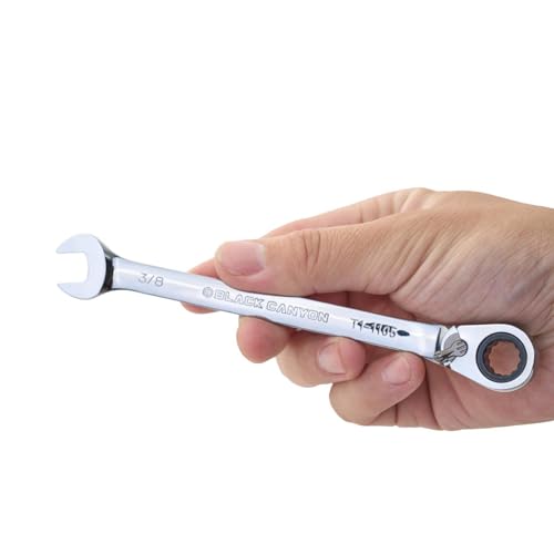 BLACK CANYON 3/8 Inch Ratchet Combination Wrench, 12-Point Box End & Hex Opening, Polished Steel Ratcheting Wrench with SAE & Metric Sizes - size: 3/8 Inch, style: Inch