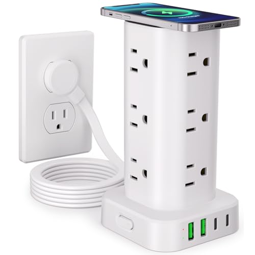 6FT Power Strip Tower with Wireless Charger,Surge Protector with 12 Outlets - color: White, size: 6FT with Wireless Charging