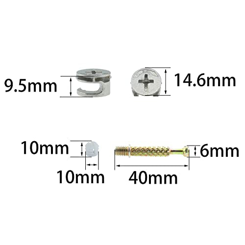 Cam Lock with Dowel RLECS 10PCS Furniture Connecter Cam Lock Fittings, 14.6x9.5mm Cam Bolt Nut and 6x40mm Dowel with Pre-Inserted Nut Replacement Parts