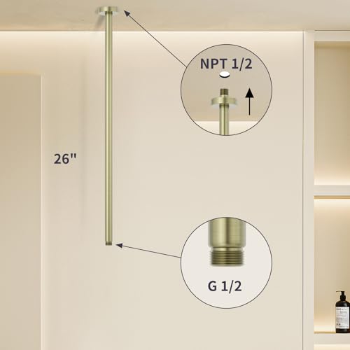 Brushed Gold 26 Inches Ceiling Mount Round Shower Arm With Flange Straight Extender Extension Pipe Replacement Rain Shower Head Straight For Fixed - color: Brushed Gold