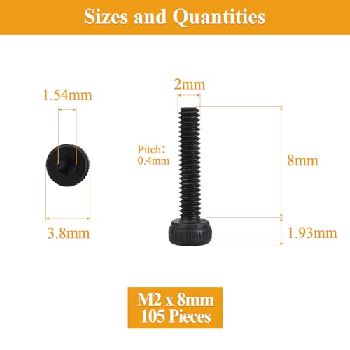 105 Pieces M2 x 8mm Socket Head Cap Screws, Thread Pitch 0.4mm, Sutemribor M2 Black Screws, 12.9 Grade Alloy Steel, Black Oxide Finish, Fully Threaded - size: M2 x 8mm, style: Socket Head
