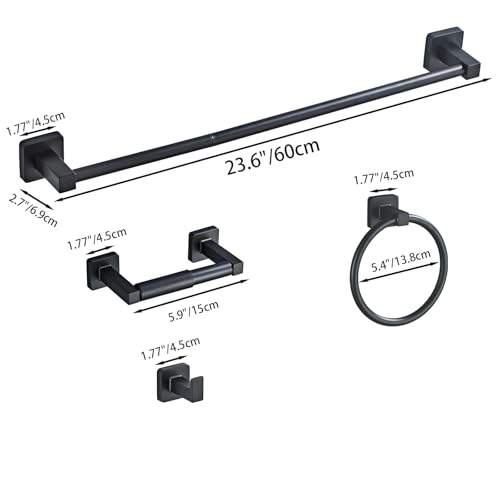 Matte Black Bathroom Hardware Set 4 Pieces,Bathroom Accessories Set Stainless Steel Wall Mounted, Hand Towel Bar, Towel Ring, Robe Towel Hooks,Toilet Paper Holder,Towel Bar Set, 23.6 Inch - color: Matte Black-4pcs, size: 23.6Inch