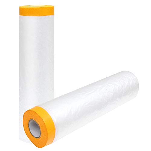 13Ft x 65 Ft Plastic Painting Drop Film, 2 Pcs Tape and Drape Dust Plastic Drop Cloth, Pre-Taped Masking Film for Automotive Painting Covering