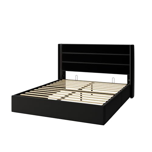 Allewie Full Size Lift Up Hydraulic Storage Bed Frame Black - color: Black, size: Full, style: Modern