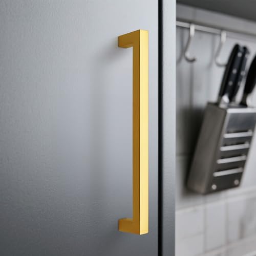 KNOBWELL 6Pack 7-9/16 Inch Brushed Gold Cabinet Pulls Stainless Steel Kitchen Cabinet Handles Square Drawer Pulls Modern Cabinet Hardware Handles，192mm Hole Centers - color: Brushed Gold, size: Hole Center:7-9/16 inch(192mm)